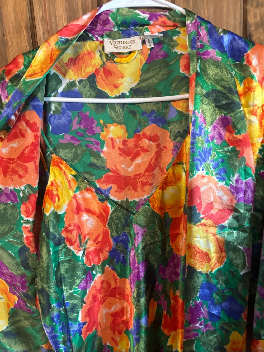 Vintage 90s Victoria’s Secret Gold Label vivid Floral Satin Robe Slip Set Size L - Picture 2 of 15